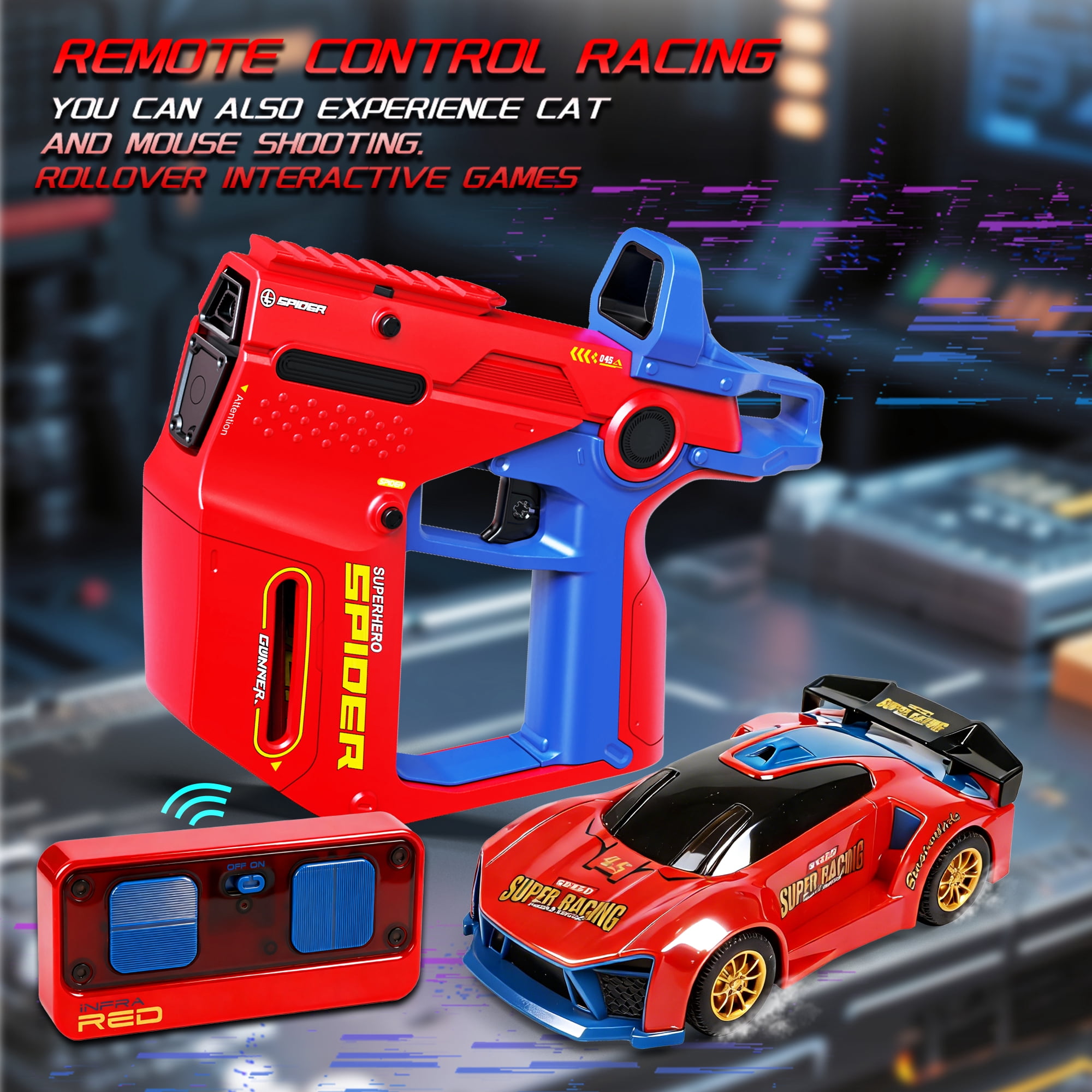 ZSUCC Battle RC Cars Stunt Racing Set, 3 IN 1 4WD Drift Car Toy for Kids Ages 6-12, Dual Controller, & Interactive Combat Game, Parent-Child Sensor Chase Toy for Kids Ages 6+ (Red)