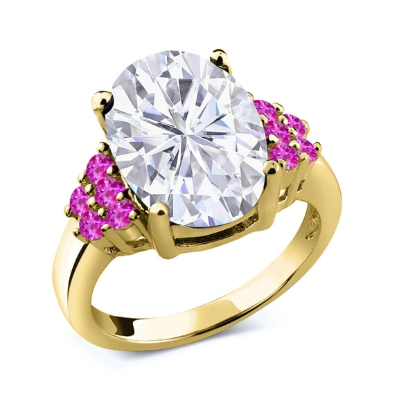 Gem Stone King 18K Yellow Gold Plated Silver Pink Sapphire Ring Set with Moissanite (5.65 Cttw) (Size 6)