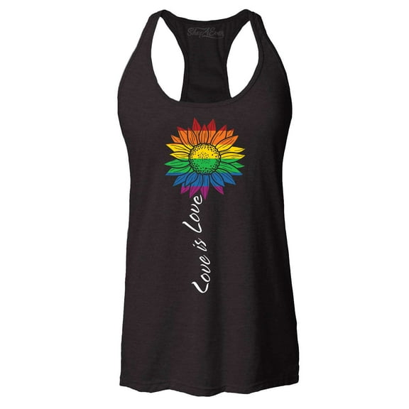 Shop4Ever Women's Love is Love Rainbow Flower Gay LGBTQ Pride Racerback Tank Top Large Black