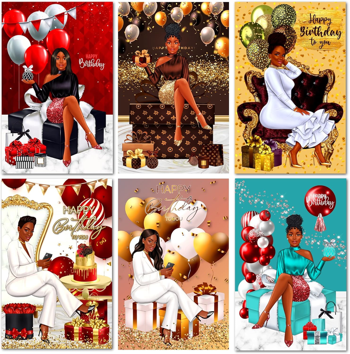 6 Pack African American Birthday Greeting Cards, Cute Birthday Card, Black Girl Queen Happy Birthday card for Wife, Girlfriend, Sisters with Envelope