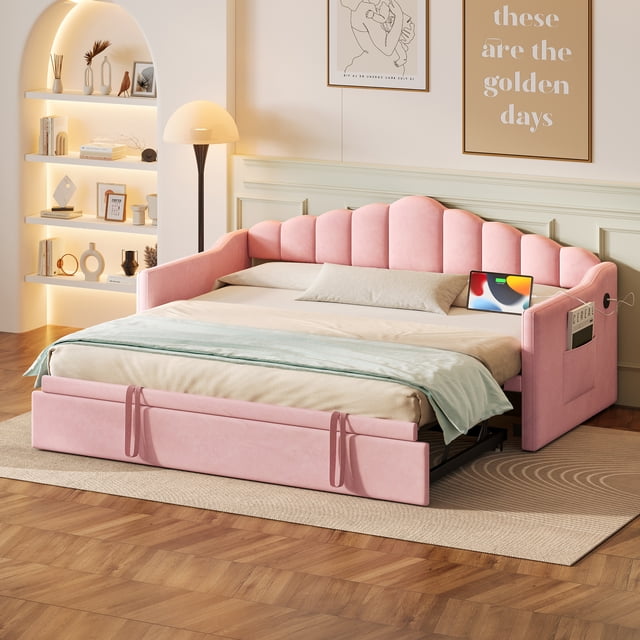 Noble House Twin Upholstered Daybed,Adjustable Pop-Up Trundle with USB/Type-C Ports & Side Pockets,No Box-Spring,Pink