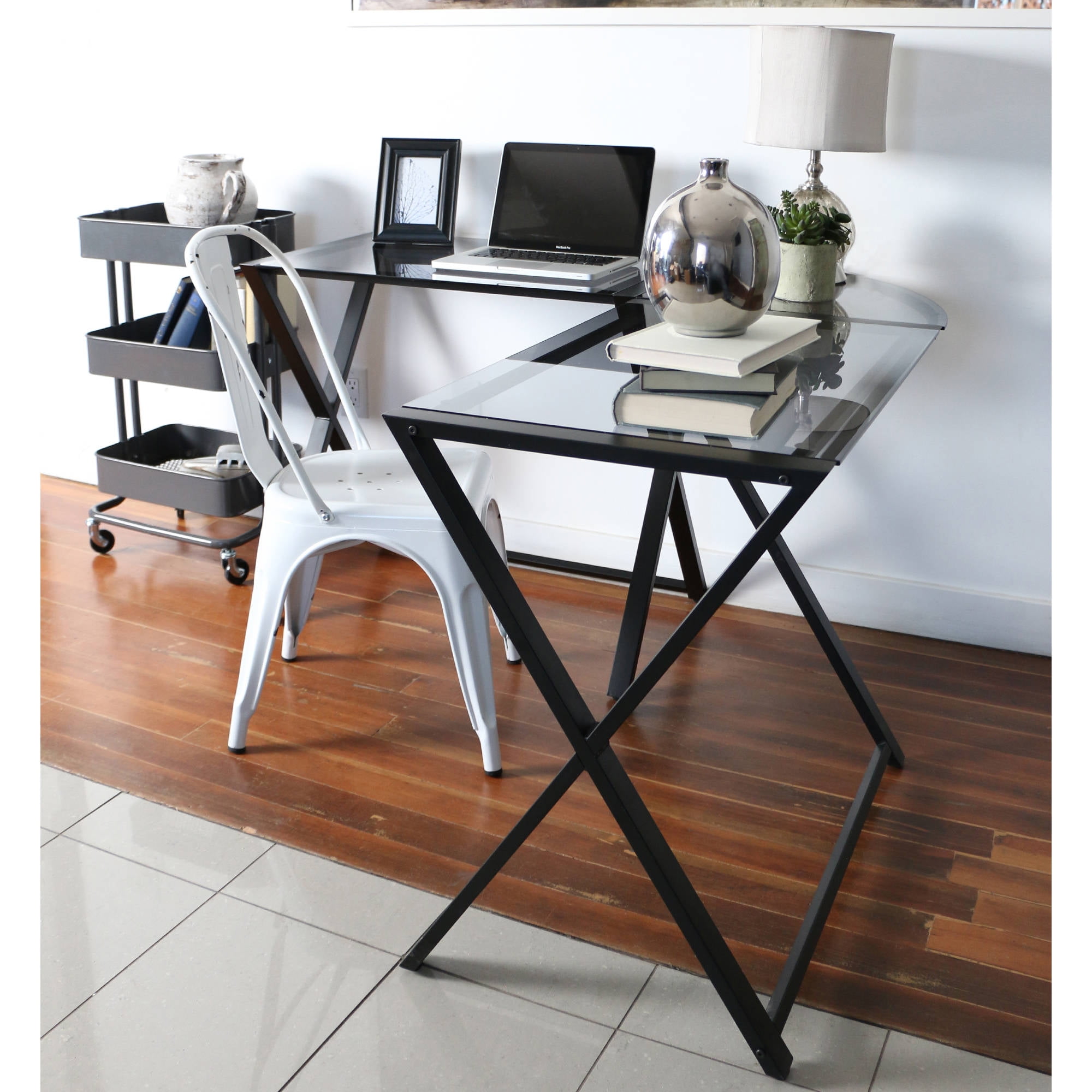 Walker Edison Glass And Metal X Frame Corner Computer Desk Black truly Glass And Metal Corner Computer Desk