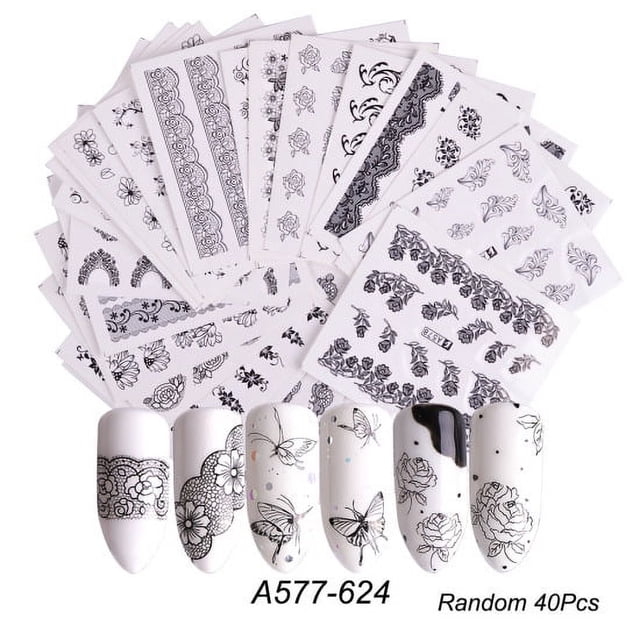 Juego de pegatinas para decoración de uñas, Navidad, Halloween, encaje blanco y negro, flores, dorado y plateado, pegatinas de agua bronceadoras para uñas