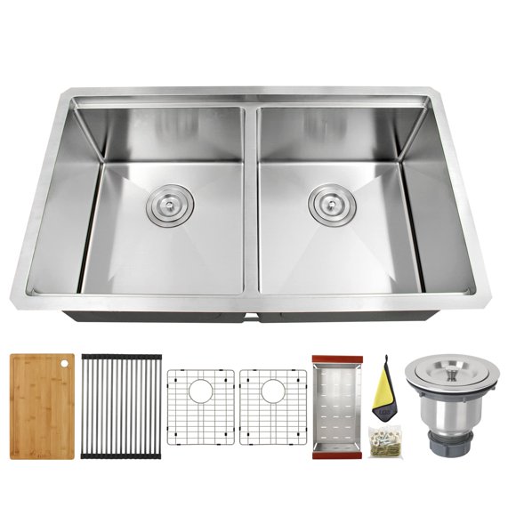LQS Undermount Kitchen Sink 32"x 19",Workstation Ledge Kitchen Sink Handmade Undermount Sink 50/50 Double Bowl Stainless Steel Kitchen Sinks, 16 Gauge With Deep Kitchen Sink