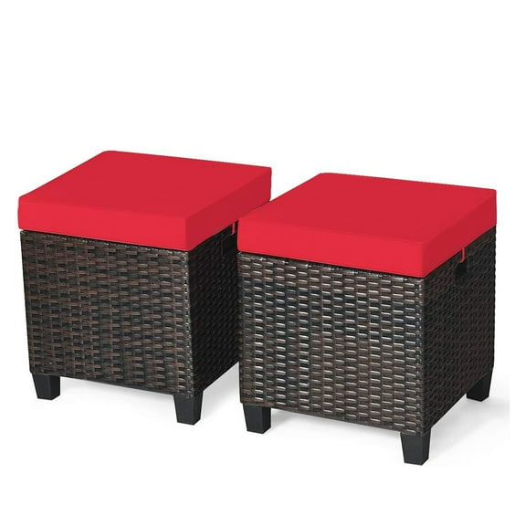 Outdoor Furniture Ottoman Set of 2, Rattan Wicker Footrest with Removable Soft Cushions, Patio Living Room Decor, Lightweight and Durable, Red