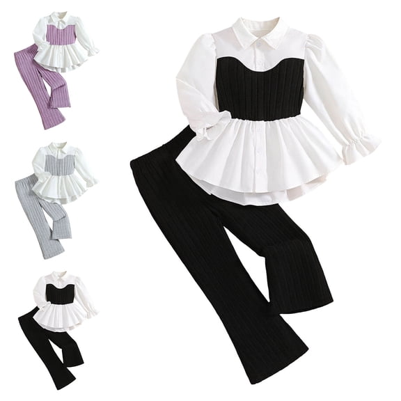 WAVSUF Kids Girls Fall Sets 2 Piece, Long Sleeve Collar Shirt and Flare Leg Pants Dressy Trendy Outfits Black 7-8