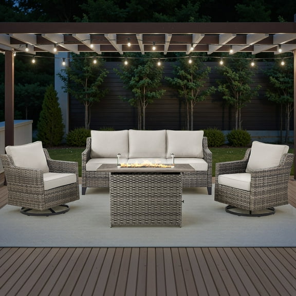 PARKWELL 4 Piece Outdoor Patio Furniture Set with Fire Pit Table,All-Weather Conversation Set with Luxury 4-Inch Thick Cushions,Swivel Glider Chair,5-Seat Furniture Sets for Deck, Backyard,Gray/Beige