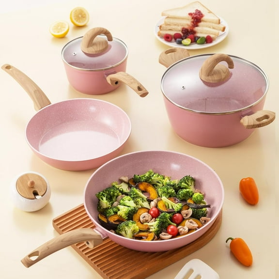Non Stick Pots and Pans Set, Healthy Ceramic Cookware 12pcs with Utensils, PFAS-Free Kitchenware Pink