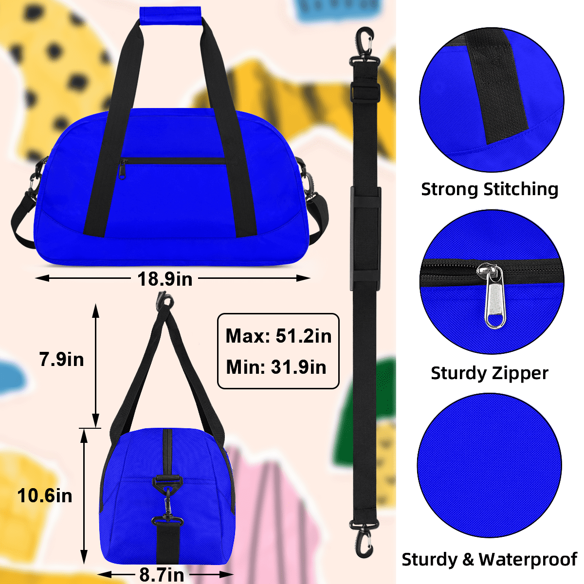 Herdesigns Blue Sports Duffle Bag for Women & Men, Gym Bag Dance Bag Overnight Bag Carry On Weekender Travel Bag