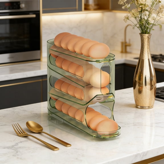 Rolling Egg Organizer for Refrigerator Door – Sliding Egg Holder Rack with Rolling Tray, Stackable Clear Plastic Egg Storage Box for 18 Eggs
