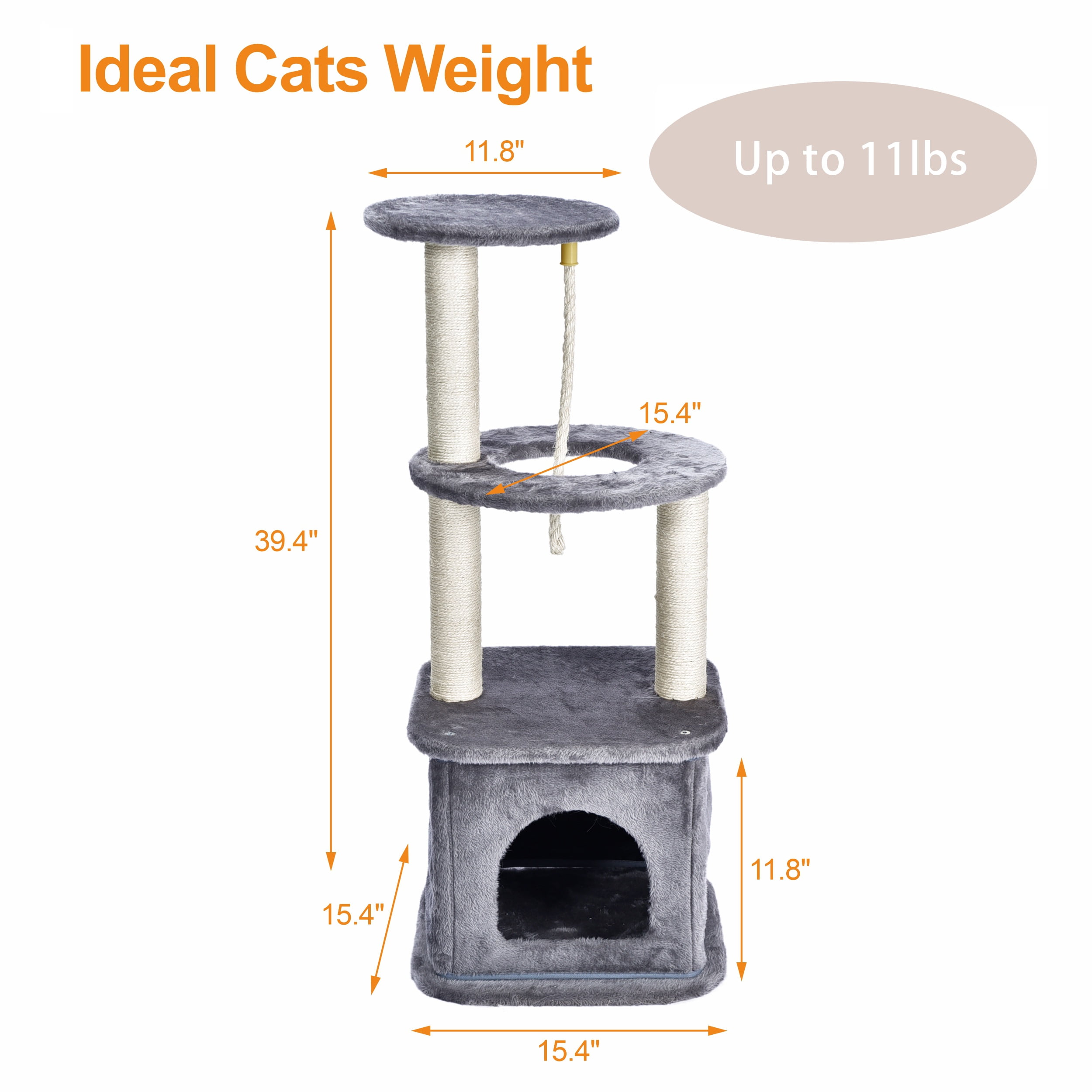 Vibrant Life 4-Level Cat Tree Tower with Condo and Sisal Post, Gray, 39.4 in