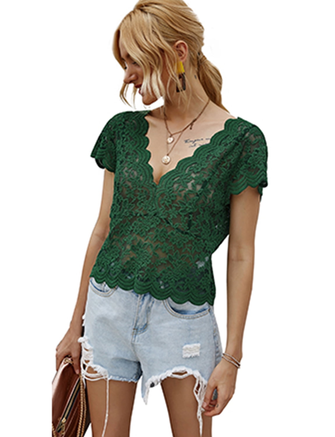 New Womens Fashion Casual V Neck Flower Printing Hollow Out Lace Short Sleeves Loose T-Shirt Blouse Tops