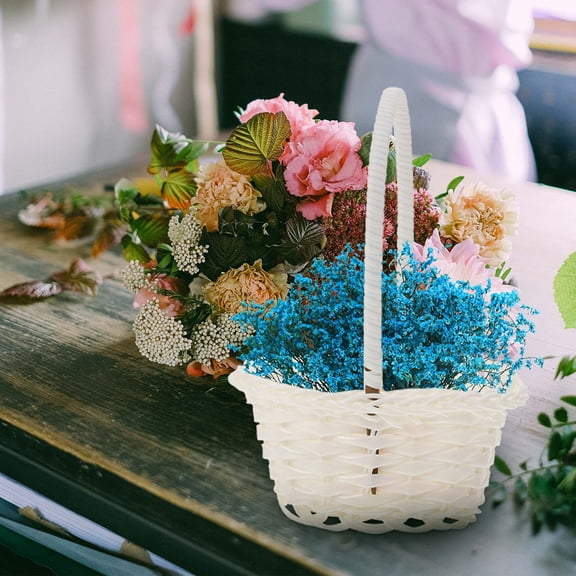 Handmade White Flower Girl Basket for Weddings and Events, Decorative Plastic Basket for Home Use