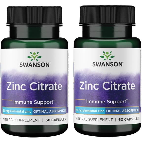 Swanson Zinc Citrate - Mineral Supplement Promoting Healthy Vision & Immune System Health - Natural Formula Supporting Overall Wellness - (60 Capsules, 50mg Each) 2 Pack
