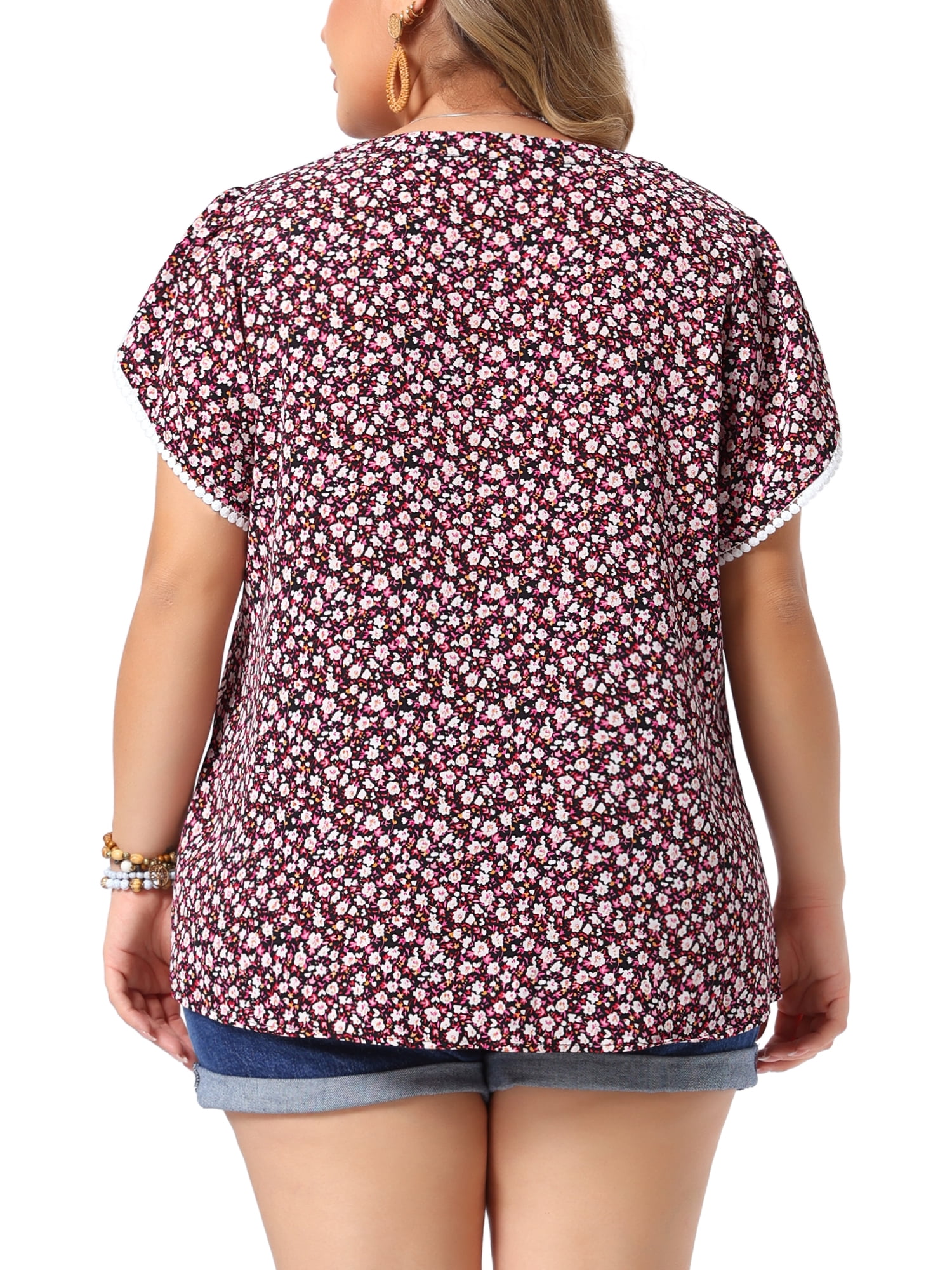 DARING DIVA Women's Plus Tops Floral V Neck Tulip Sleeve T-Shirt Summer Top 2X Black Red