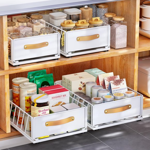 Pull out Cabinet Organizer Fixed with Adhesive Nano Film,Heavy Duty Slide out Pantry Shelves Drawer Storage,Sliding Mesh Basket with Handle for Kitch
