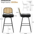 thumbnail image 2 of Bar Stools Set of 3 Swivel Upholstered Counter Height Bar Stools 29"Faux Leather Barstools with Rattan Back&Metal Footrest Comfortable Kitchen Island Chairs Black, 2 of 7