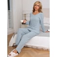 thumbnail image 2 of DARING DIVA Women's Ribbed Knit V Neck Long Sleeve Wide Leg Pants Lounge Set S Blue, 2 of 6