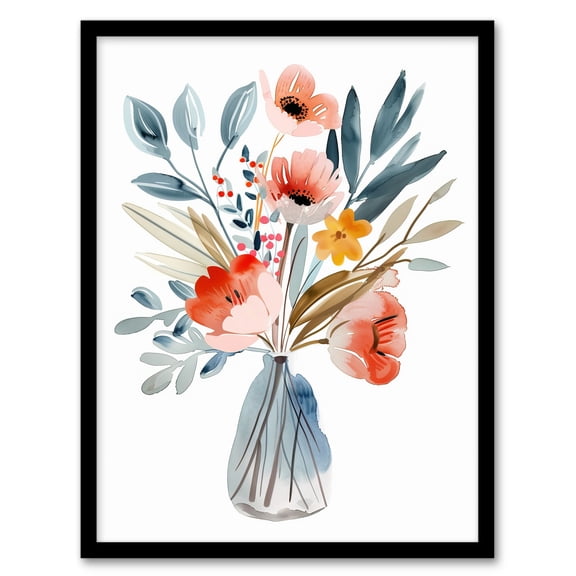 Artery8 Wildflower Bouquet Vase Pastel Floral Watercolour Living Room Art Print Framed Poster Wall Decor 12x16 inch