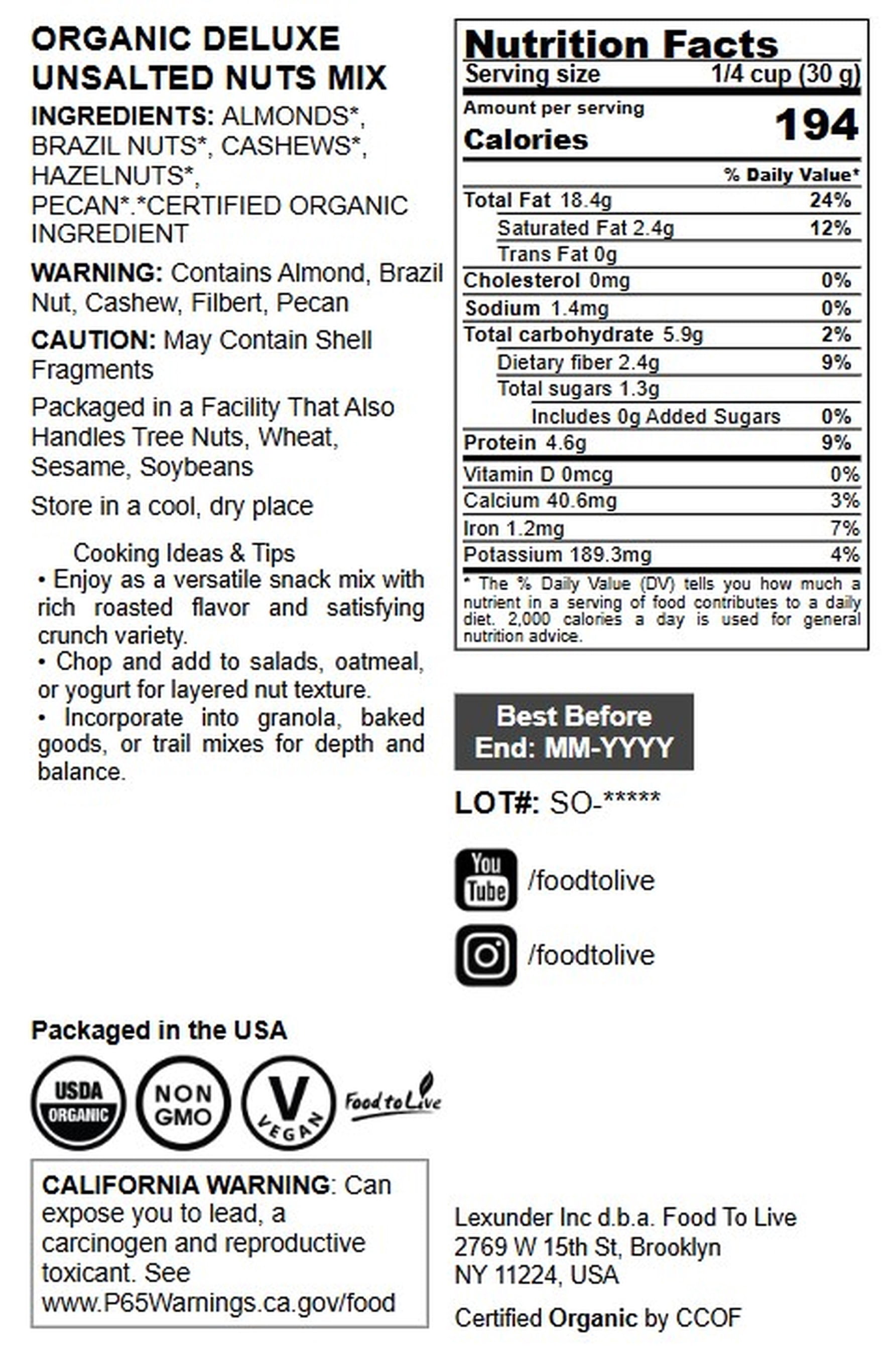 Organic Deluxe Unsalted Nuts Mix, 1 Pound – A Blend of Dry Roasted Nuts. Non-GMO, Kosher