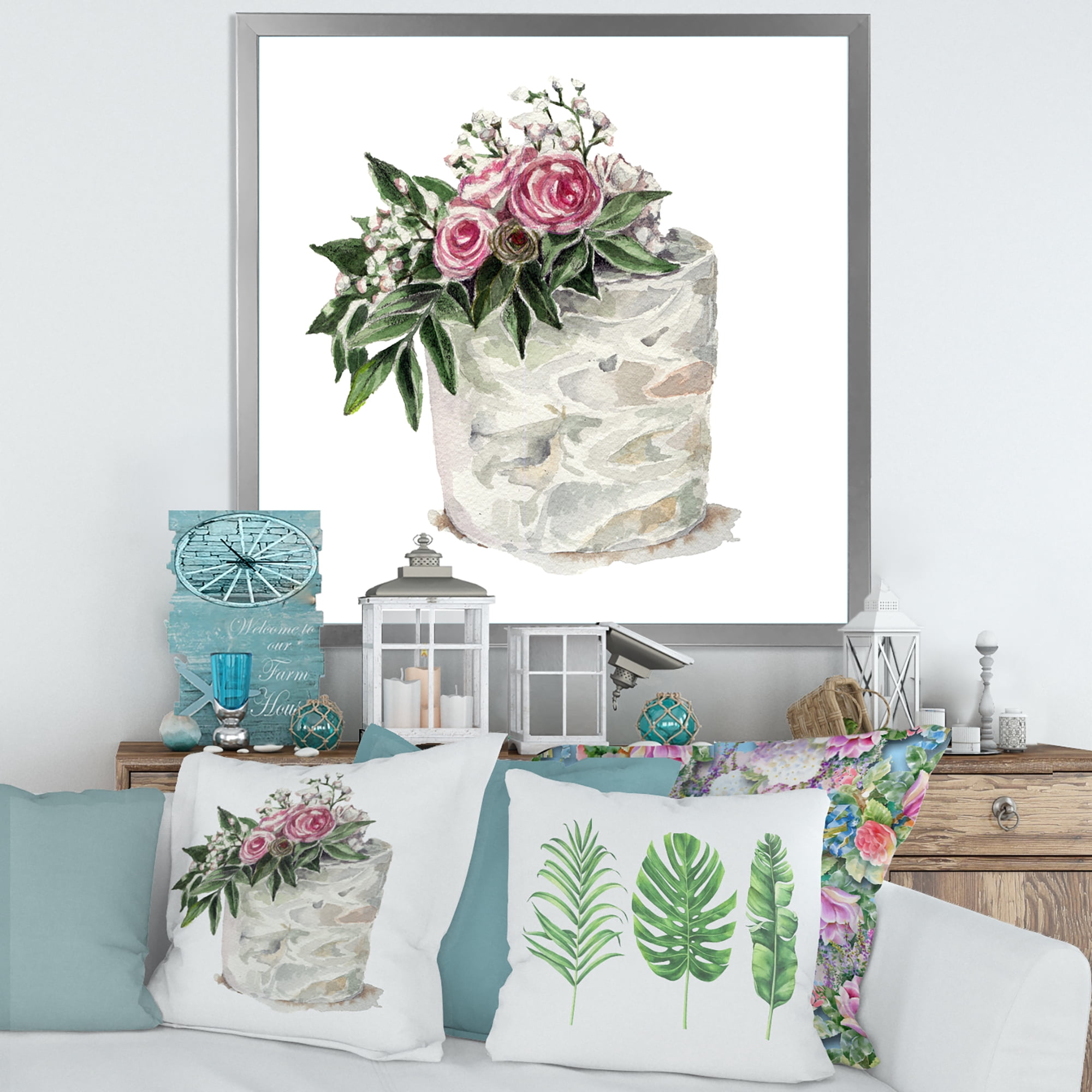 Designart 'White Flowers and Pink Roses On Cake' Traditional Framed Art Print