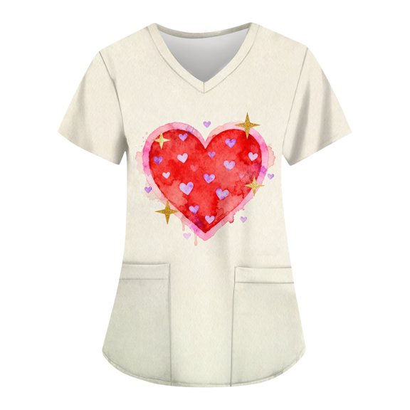 Womens Heart Printed Animals Nurse Uniforms Scrub Tops for Women, Short Sleeve V Neck Scrub Shirt with Pockets Khaki XL