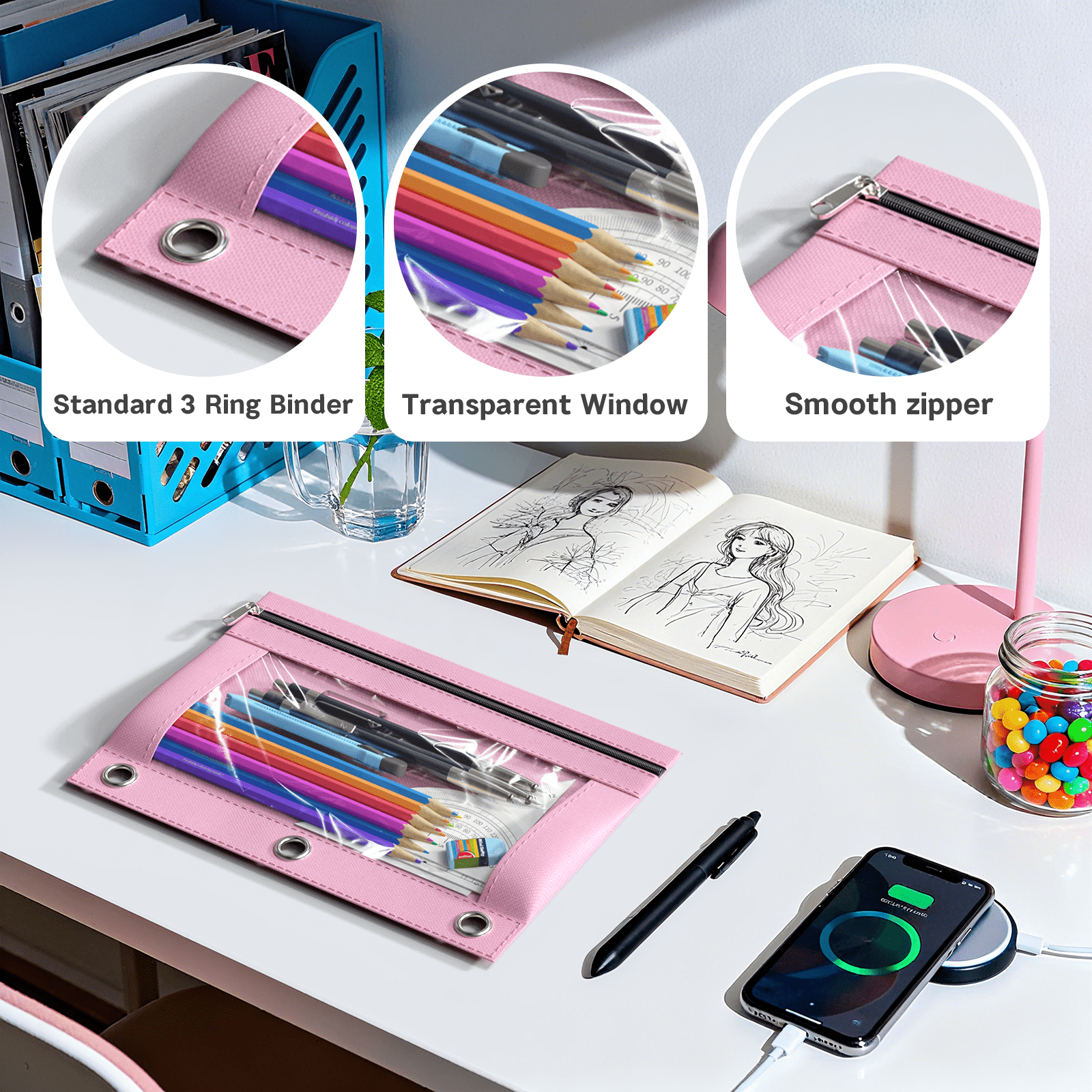 DoDoMagxanadu 3 Ring Binder Pencil Pouch with Zipper, Pencil Case with Rivet Enforced 3 Ring for School Supplies, 20 pack Clear Window Pencil Bag for Binder