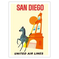 San Diego California - Zebra - San Diego Zoo - Balboa Park - United Air Lines - Vintage Airline Travel Poster c.1965 - Bamboo Fine Art 290gsm Paper (Unframed) 12x16in