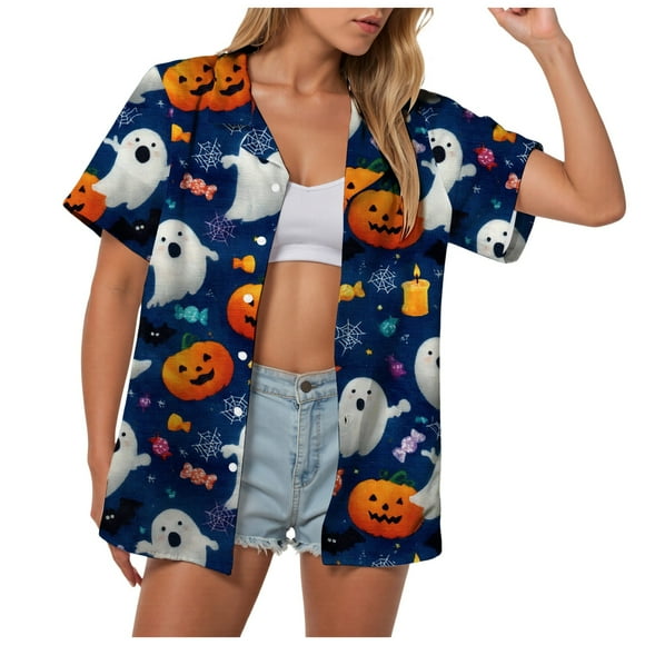 GPOECD Chemise à Manches Courtes Imprimée Halloween pour Femmes Coupe Ample Blouse Élégante Haut Marine,XXXXXXL