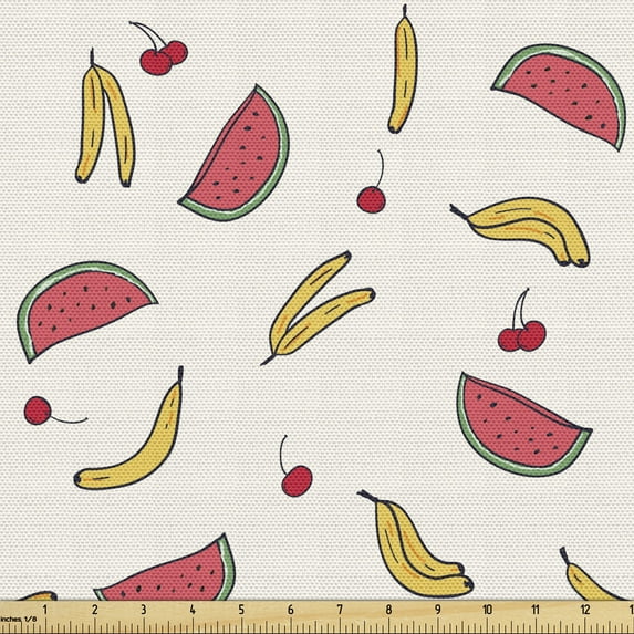 Cartoon Fabric by the Yard, Floating Bananas Slices of Watermelons and Cherries Doodle Juicy and Repetitive, Upholstery Fabric for Dining Chairs Home Decor Accents, 1 Yard, Multicolor by Ambesonne