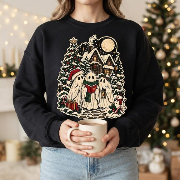 Spooky Season Ghost Sweatshirt, Halloween to Christmas Crewneck, Cute Ghost Xmas Sweater, Caroling Ghosts Holiday Pullover, Unisex Gift