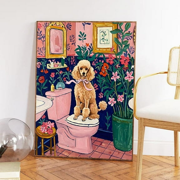 Whimsical Poodle Bathroom Art Floral Dog Poster Home Decor, 8x12 UNFRAMED