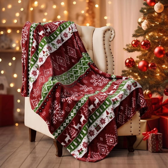 Printed Fleece Throw Blanket, No Shed No Pilling Ultra Soft Plush Cozy Xmas Prints Theme Home Décor Flannel Blanket for Bed, Sofa, Couch and Gift, 50" x 60", Retro Christmas