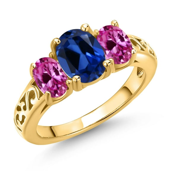 Gem Stone King 18K Yellow Gold Plated Silver Blue Created Sapphire and Pink Created Sapphire Filigree Style 3 Stone Ring for Women (2.60 Cttw, Oval 8X6MM and 6X4MM) (Size 8)