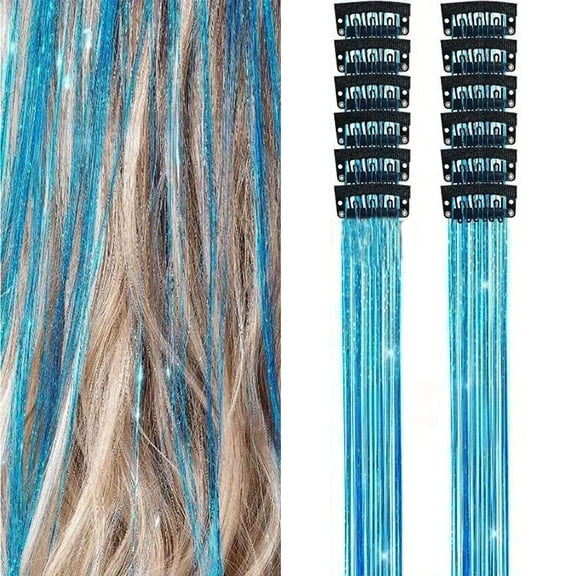 Glitter Hair Tinsel Extensions 12 Pack Sky Blue Clip-In Shimmer Hair Set