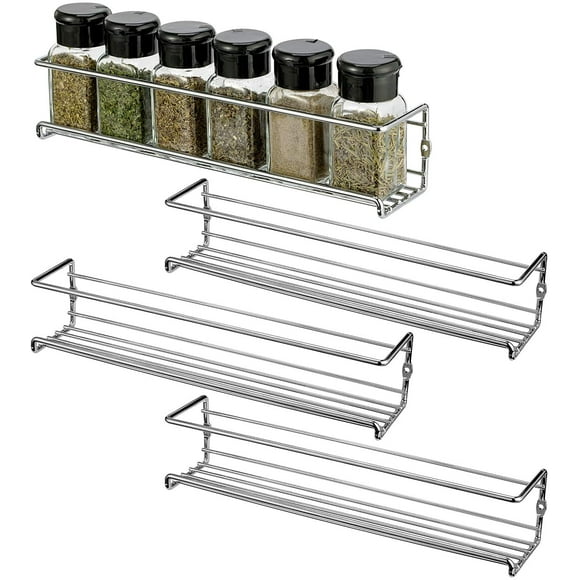 Spice Racks Organiser, Set of 4 Wall Mounted Spice Racks, Hanging Spice Organisers for Cabinet Pantry Door, Kitchen Cupboard, Seasoning Storage Spice Shelf, Chrome Finished