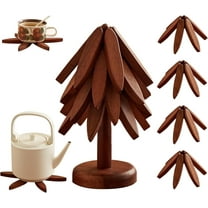 Wooden Trivets for Hot Dishes, Wooden Tree Coasters Tree Shape Trivet Set for Hot Pots and Pans, Foldable Kitchen Walnut Table Mat for Easy Storage, Coaster with 4 Wooden Trivets,1 Stand