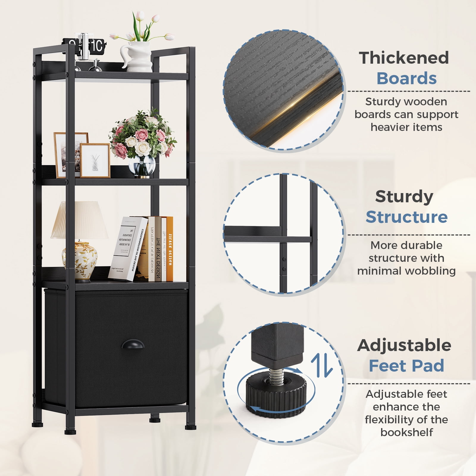 Gianna 4 Tier Bookshelf with Drawer, Tall Narrow Bookcase Storage Organizer, Wood and Metal Industrial Display Standing Shelf Unit for Bedroom Living Room Office, Black