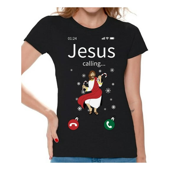 Christmas Women Shirt Funny Jesus Shirts for Women Jesus Calling T-Shirt Happy Holiday Gifts Ladies Christian Xmas Tee for Her Funny Christmas Shirts Merry Christmas Tee Jesus Calling Shirt for Women