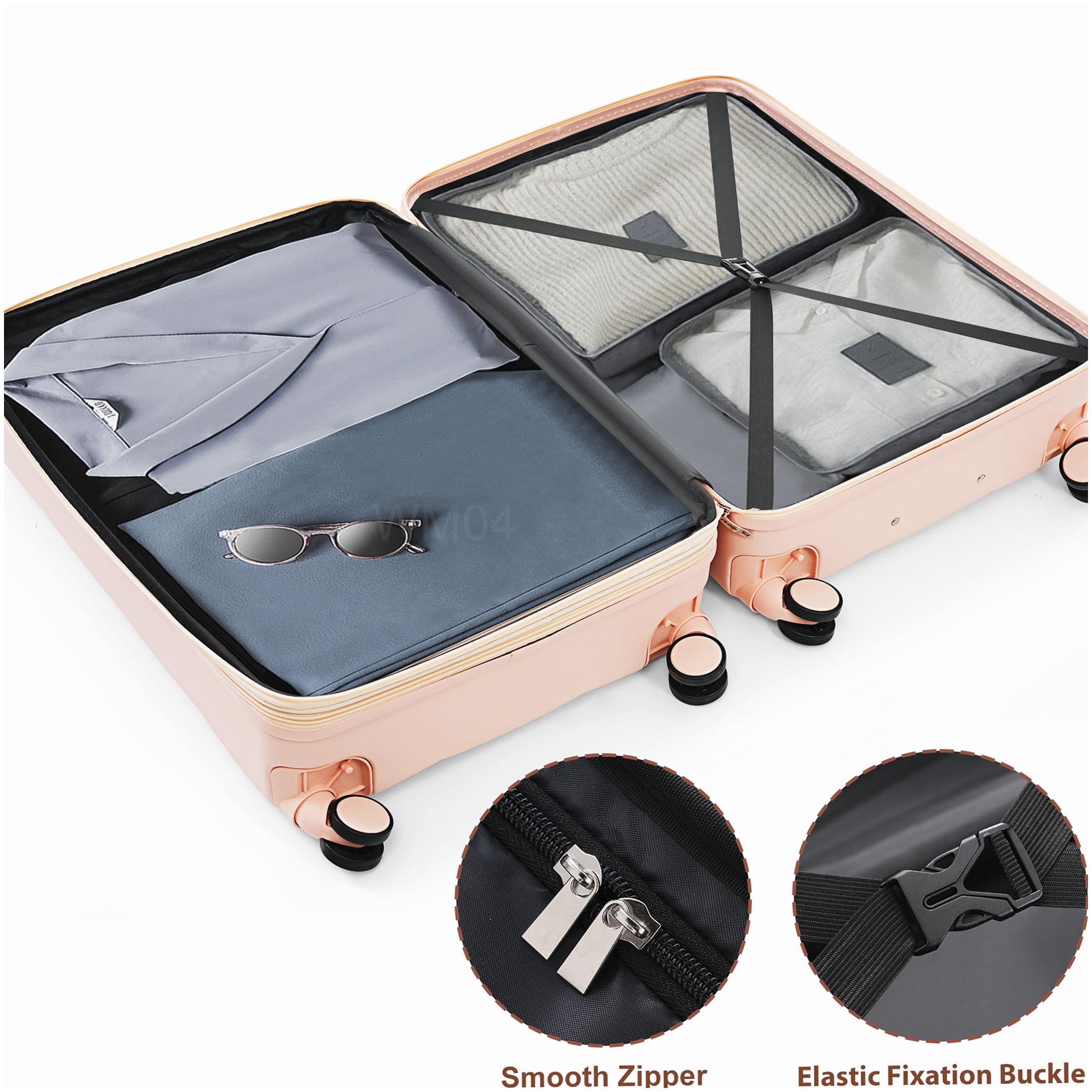 3-Piece ABS Hard Shell Spinner Luggage Set, Pink Suitcase with Built-In Cup Holder, Airline Approved