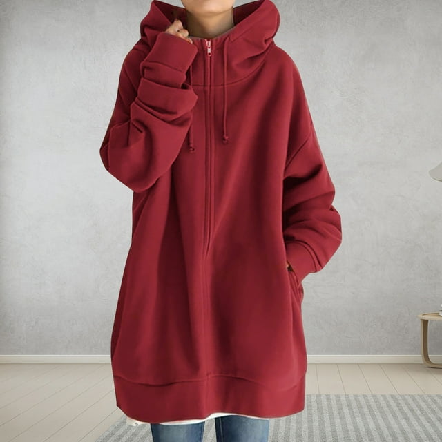 Meichang Womens Fall Winter Warm Zipper Open Fleece Hoodies Sweatshirt Long Jacket Drawstring Coat Jacket Tops Outwear Plus Size