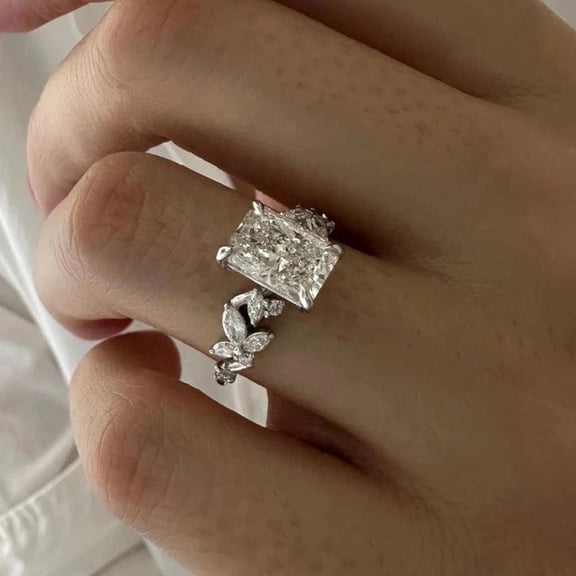Jewelerix White Gold Vermeil Radiant Cut Engagement Ring for Women, Floral Leaf Marquise Diamond/Moissanite Ring, Nature Inspired Bridal Promise Ring