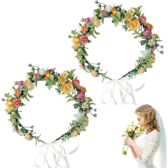 2Pcs Rose Flower Crown, Floral Wreath Headband, Wedding Bridal Headpiece Hawaiian Party Accessories, Bohemian Style Headdress for Fun Day Out Bridal Headwear Party Festivals Hair Accessories