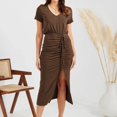 thumbnail image 2 of Sngxgn Women's Casual Fall Dresses Long Sleeve Wrap V Neck High Low Ruffle Dress(Brown,L), 2 of 7