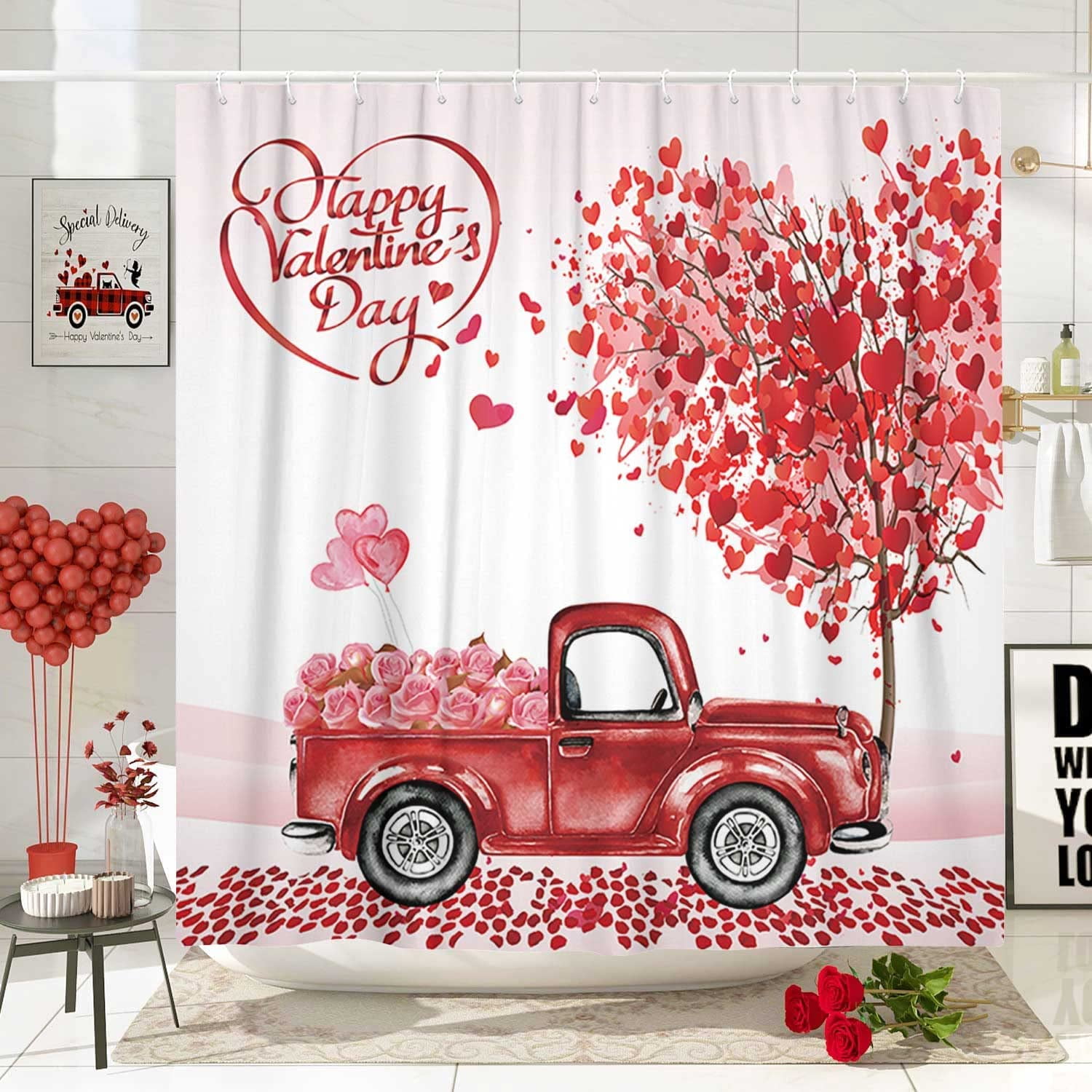 Red Truck Valentine Shower Curtain, Romantic Love Heart Tree and Rustic