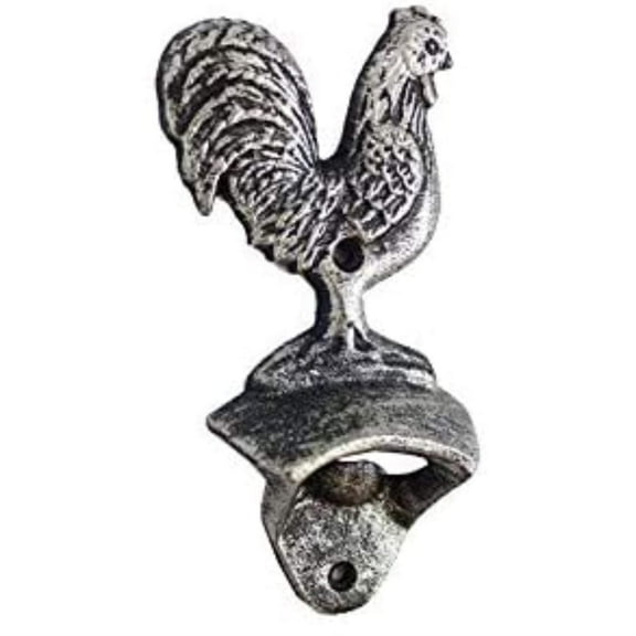 Handcrafted Nautical Decor Rustic Silver Cast Iron Rooster Bottle Opener 6" - Decorative Cast Iron Metal R