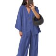 thumbnail image 2 of tasrioml Women's Cotton Linen Two Piece Outfit Long Sleeve V Neck Button Top Wide Leg Pants Casual Loungewear Set, 2 of 8