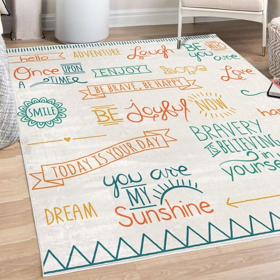 Adventure Decorative Rug, Various Words on Happiness and Self Value Uplifting Phrases Being Who You Are, Quality Carpet for Bedroom Dorm and Living Room, 6 Sizes, Pale Cinnamon, by Ambesonne