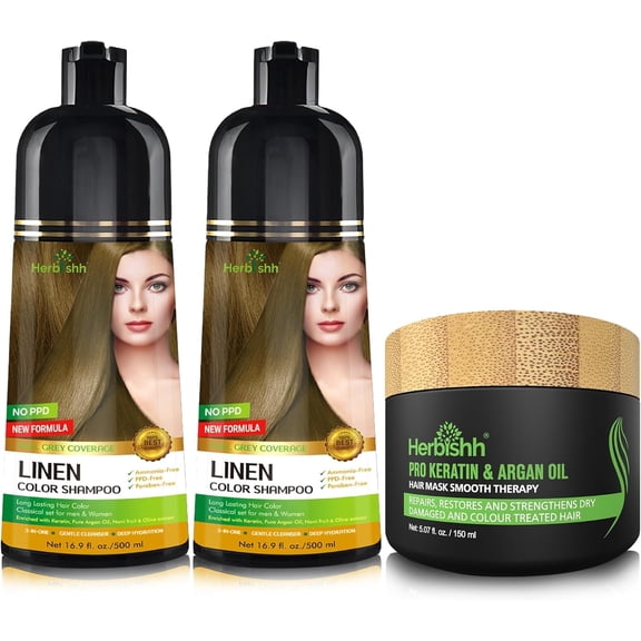 Herbishh Ultimate Hair Color Shampoo Kit( 2Pcs Hair Color Shampoo 1Argan Hair Mask)for Grey Hair Permanent Hair Color Shampoo for Men and Women Long Lasting Shampoo Easy to Apply (Linen)