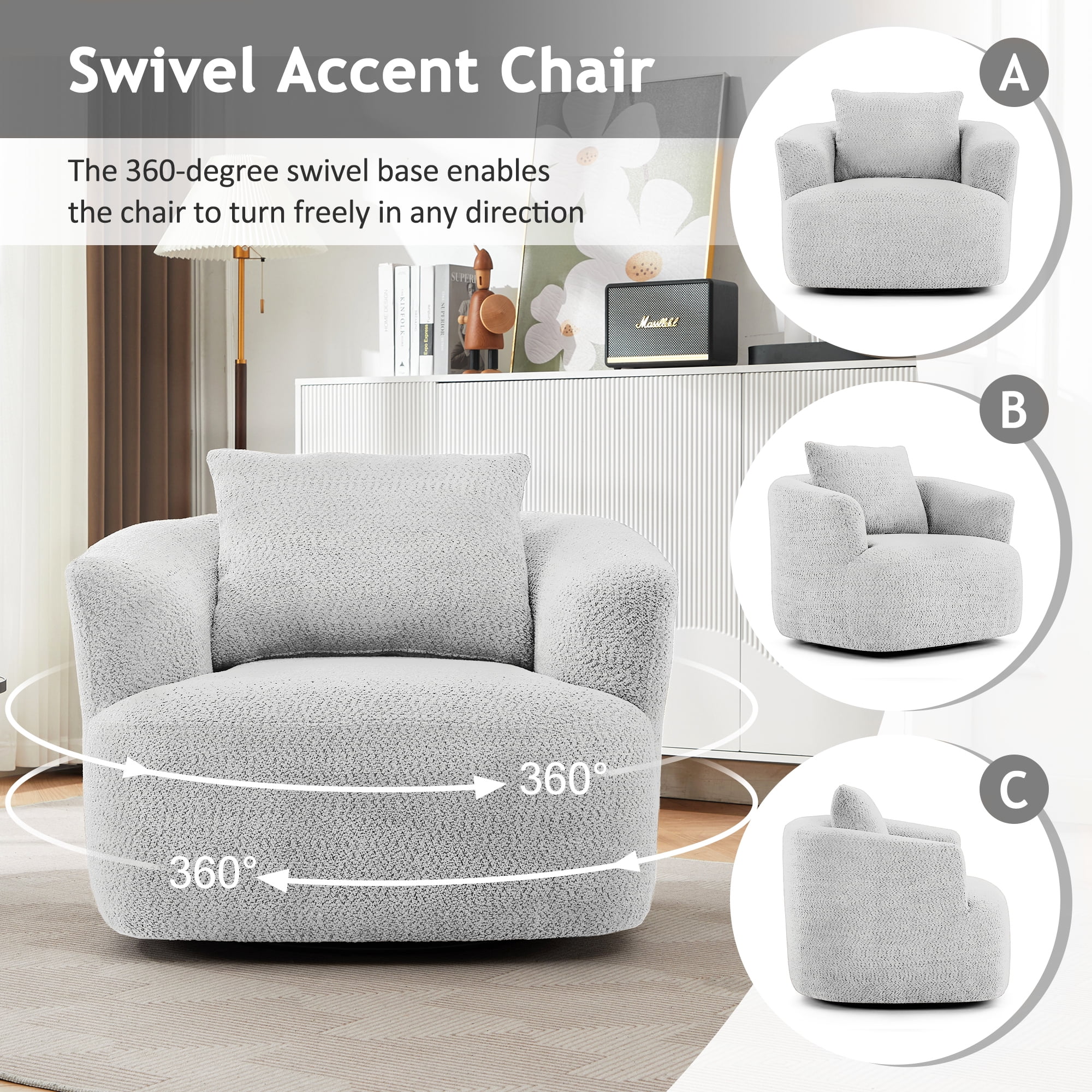 Euroco 360° Swivel Chair, 38.2" Accent Chair Sofa, Upholstered Swivel Barrel Sofa Chair with a Throw Pillow for Living Room, Bedroom, Office and Hotel, Light Grey
